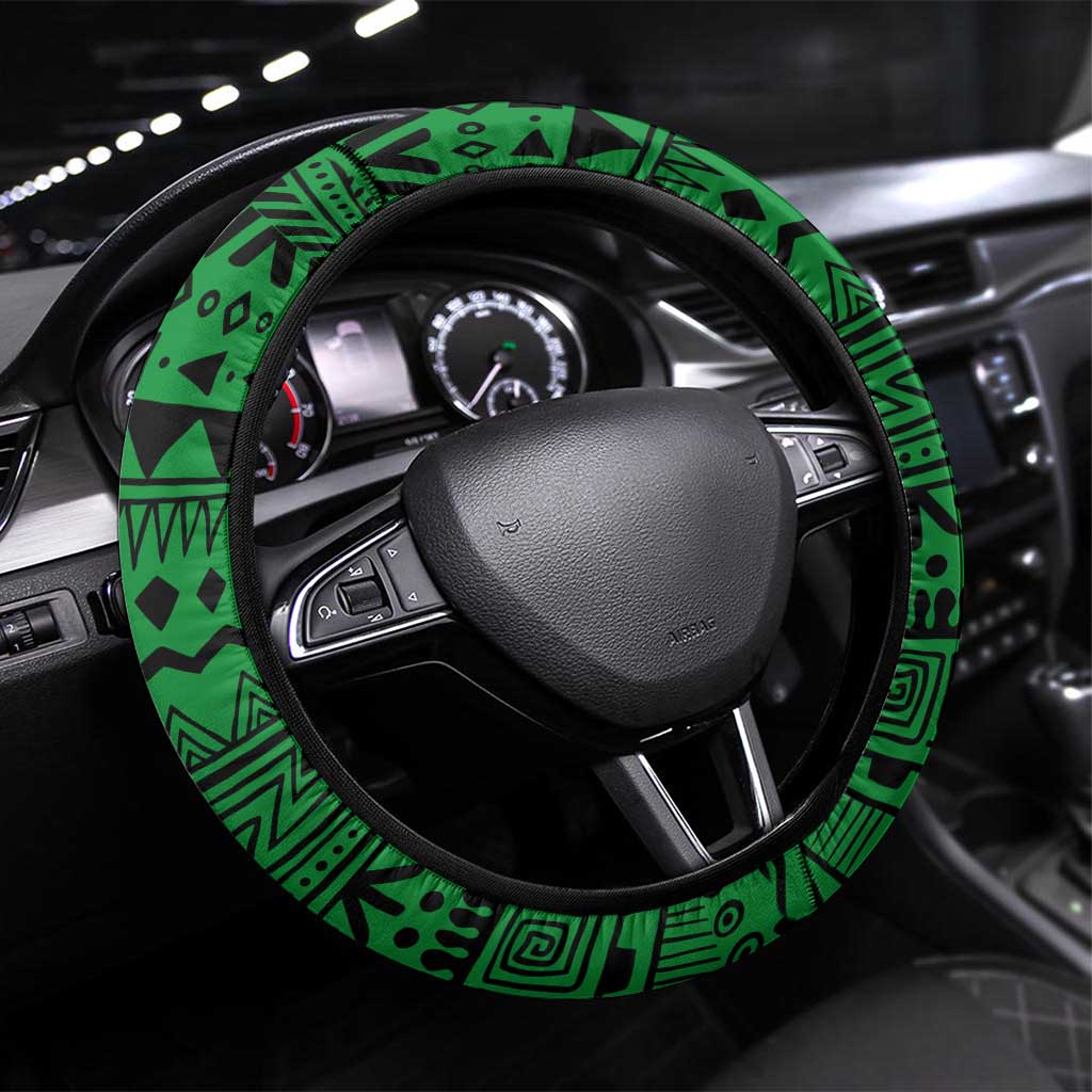 Indigenous Regions of Panama Ngabe-Bugle Steering Wheel Cover with Harpy Eagle Graphic and Green Red Tribal Pattern 1997 - Wonder Print Shop