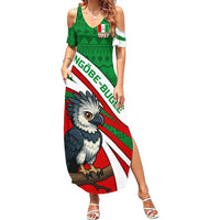 Indigenous Regions of Panama Ngabe-Bugle Summer Maxi Dress with Harpy Eagle Graphic and Green Red Tribal Pattern 1997 - Wonder Print Shop