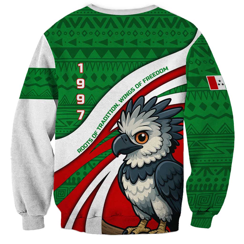Indigenous Regions of Panama Ngabe-Bugle Sweatshirt with Harpy Eagle Graphic and Green Red Tribal Pattern 1997 - Wonder Print Shop