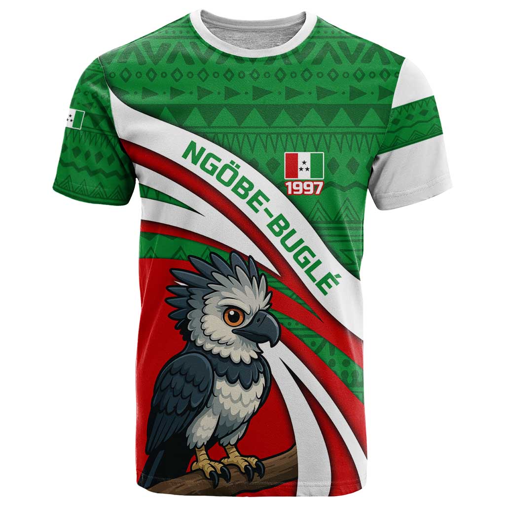 Indigenous Regions of Panama Ngabe-Bugle T Shirt with Harpy Eagle Graphic and Green Red Tribal Pattern 1997 - Wonder Print Shop