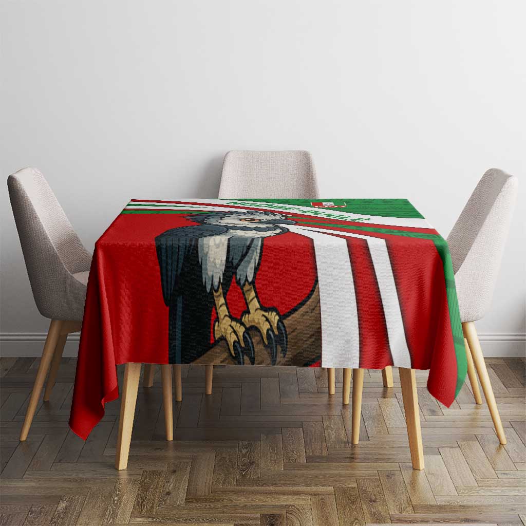 Indigenous Regions of Panama Ngabe-Bugle Tablecloth with Harpy Eagle Graphic and Green Red Tribal Pattern 1997 - Wonder Print Shop