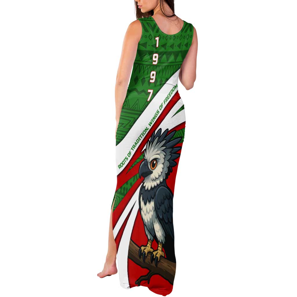 Indigenous Regions of Panama Ngabe-Bugle Tank Maxi Dress with Harpy Eagle Graphic and Green Red Tribal Pattern 1997 - Wonder Print Shop
