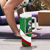 Indigenous Regions of Panama Ngabe-Bugle Tumbler With Handle with Harpy Eagle Graphic and Green Red Tribal Pattern 1997 - Wonder Print Shop