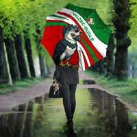 Indigenous Regions of Panama Ngabe-Bugle Umbrella with Harpy Eagle Graphic and Green Red Tribal Pattern 1997 - Wonder Print Shop