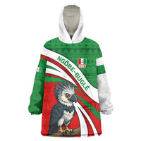 Indigenous Regions of Panama Ngabe-Bugle Wearable Blanket Hoodie with Harpy Eagle Graphic and Green Red Tribal Pattern 1997 - Wonder Print Shop