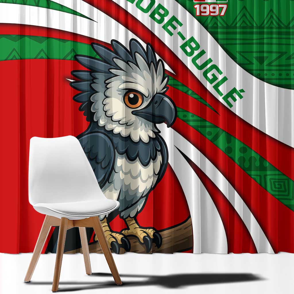 Indigenous Regions of Panama Ngabe-Bugle Window Curtain with Harpy Eagle Graphic and Green Red Tribal Pattern 1997 - Wonder Print Shop