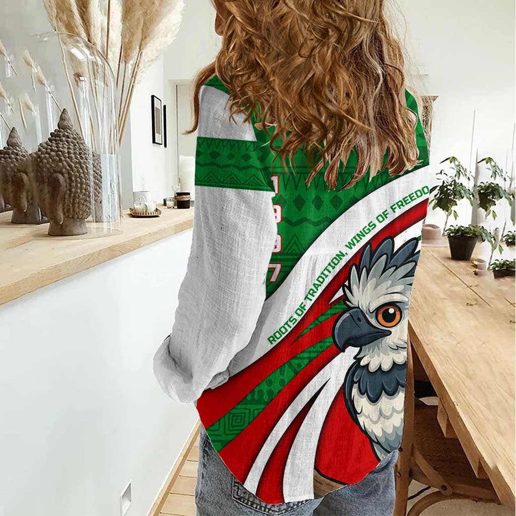 Indigenous Regions of Panama Ngabe-Bugle Women Casual Shirt with Harpy Eagle Graphic and Green Red Tribal Pattern 1997 - Wonder Print Shop