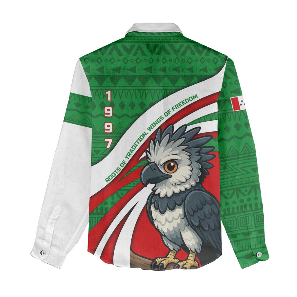 Indigenous Regions of Panama Ngabe-Bugle Women Casual Shirt with Harpy Eagle Graphic and Green Red Tribal Pattern 1997 - Wonder Print Shop