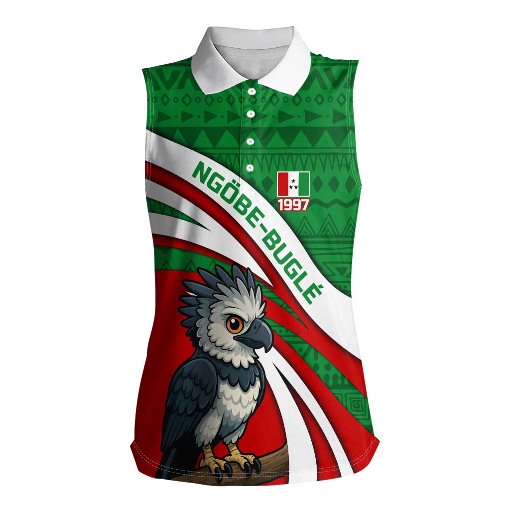 Indigenous Regions of Panama Ngabe-Bugle Women Sleeveless Polo Shirt with Harpy Eagle Graphic and Green Red Tribal Pattern 1997 - Wonder Print Shop