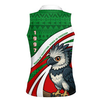 Indigenous Regions of Panama Ngabe-Bugle Women Sleeveless Polo Shirt with Harpy Eagle Graphic and Green Red Tribal Pattern 1997 - Wonder Print Shop
