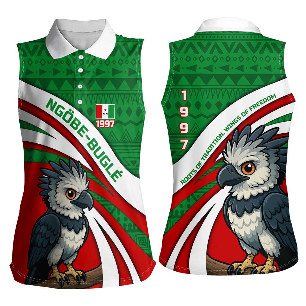 Indigenous Regions of Panama Ngabe-Bugle Women Sleeveless Polo Shirt with Harpy Eagle Graphic and Green Red Tribal Pattern 1997 - Wonder Print Shop