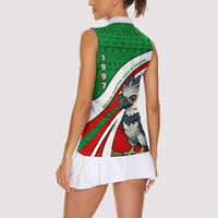 Indigenous Regions of Panama Ngabe-Bugle Women Sleeveless Polo Shirt with Harpy Eagle Graphic and Green Red Tribal Pattern 1997 - Wonder Print Shop