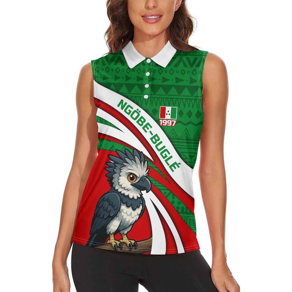 Indigenous Regions of Panama Ngabe-Bugle Women Sleeveless Polo Shirt with Harpy Eagle Graphic and Green Red Tribal Pattern 1997 - Wonder Print Shop