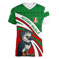 Indigenous Regions of Panama Ngabe-Bugle Women V-Neck T-Shirt with Harpy Eagle Graphic and Green Red Tribal Pattern 1997 - Wonder Print Shop