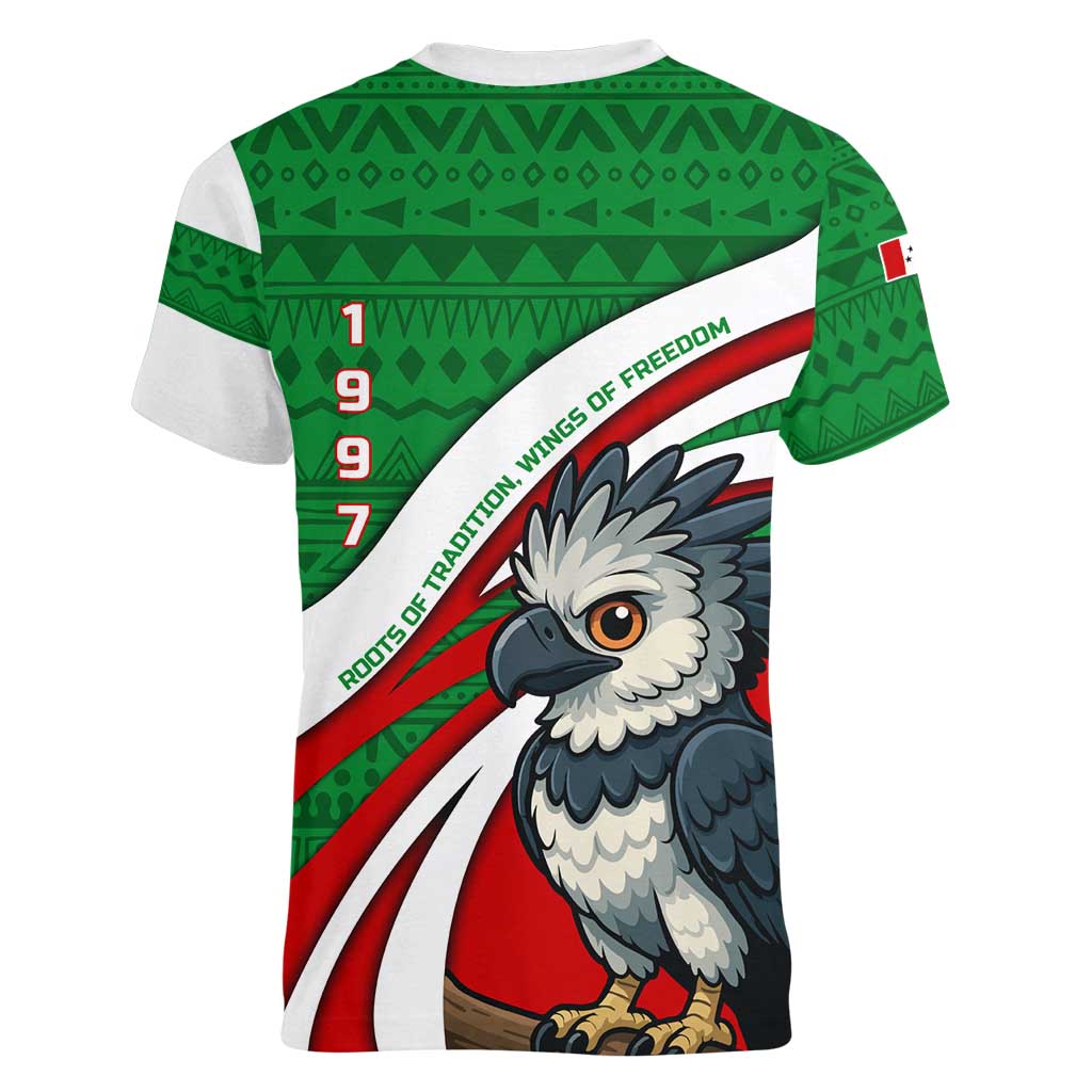 Indigenous Regions of Panama Ngabe-Bugle Women V-Neck T-Shirt with Harpy Eagle Graphic and Green Red Tribal Pattern 1997 - Wonder Print Shop