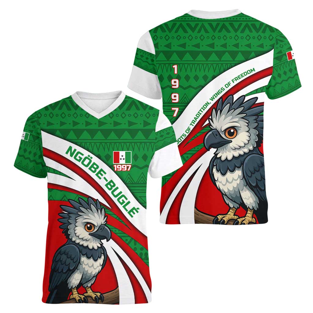 Indigenous Regions of Panama Ngabe-Bugle Women V-Neck T-Shirt with Harpy Eagle Graphic and Green Red Tribal Pattern 1997 - Wonder Print Shop