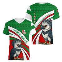 Indigenous Regions of Panama Ngabe-Bugle Women V-Neck T-Shirt with Harpy Eagle Graphic and Green Red Tribal Pattern 1997 - Wonder Print Shop