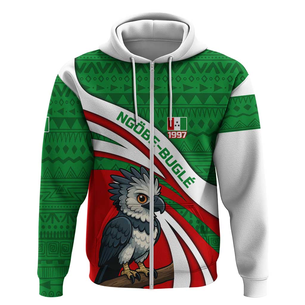 Indigenous Regions of Panama Ngabe-Bugle Zip Hoodie with Harpy Eagle Graphic and Green Red Tribal Pattern 1997 - Wonder Print Shop