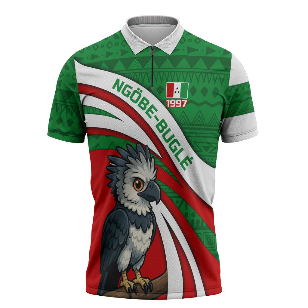 Indigenous Regions of Panama Ngabe-Bugle Zipper Polo Shirt with Harpy Eagle Graphic and Green Red Tribal Pattern 1997 - Wonder Print Shop