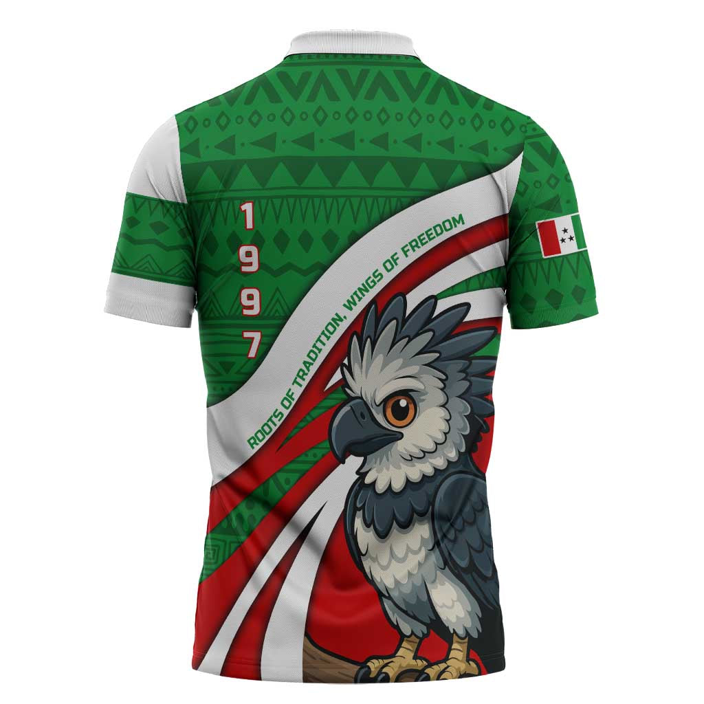 Indigenous Regions of Panama Ngabe-Bugle Zipper Polo Shirt with Harpy Eagle Graphic and Green Red Tribal Pattern 1997 - Wonder Print Shop