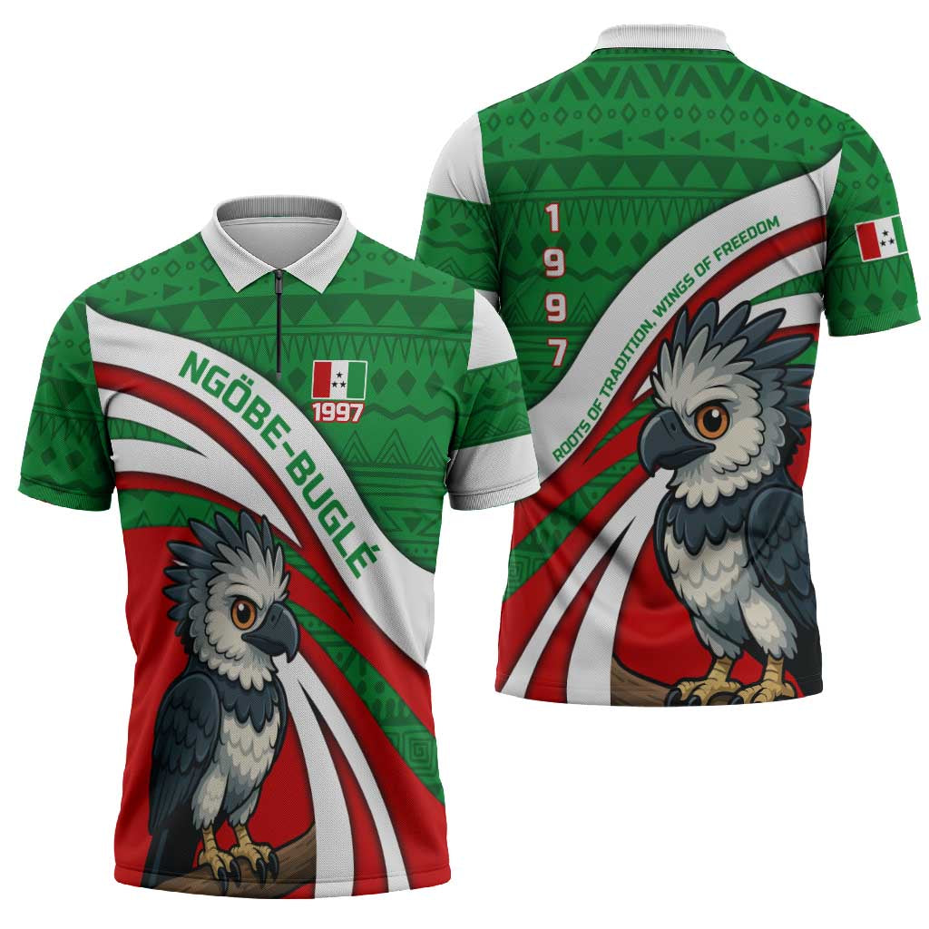 Indigenous Regions of Panama Ngabe-Bugle Zipper Polo Shirt with Harpy Eagle Graphic and Green Red Tribal Pattern 1997 - Wonder Print Shop