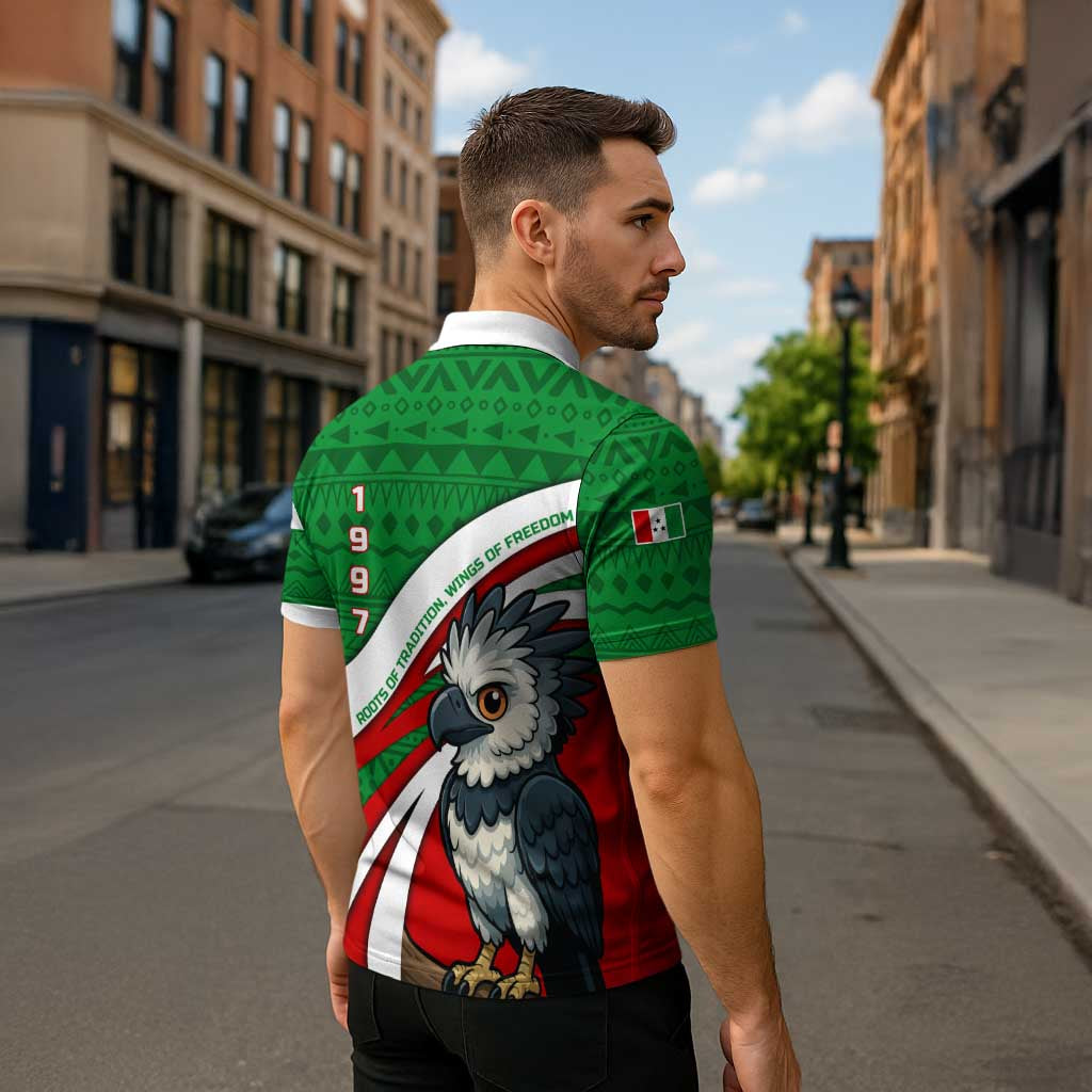 Indigenous Regions of Panama Ngabe-Bugle Zipper Polo Shirt with Harpy Eagle Graphic and Green Red Tribal Pattern 1997 - Wonder Print Shop