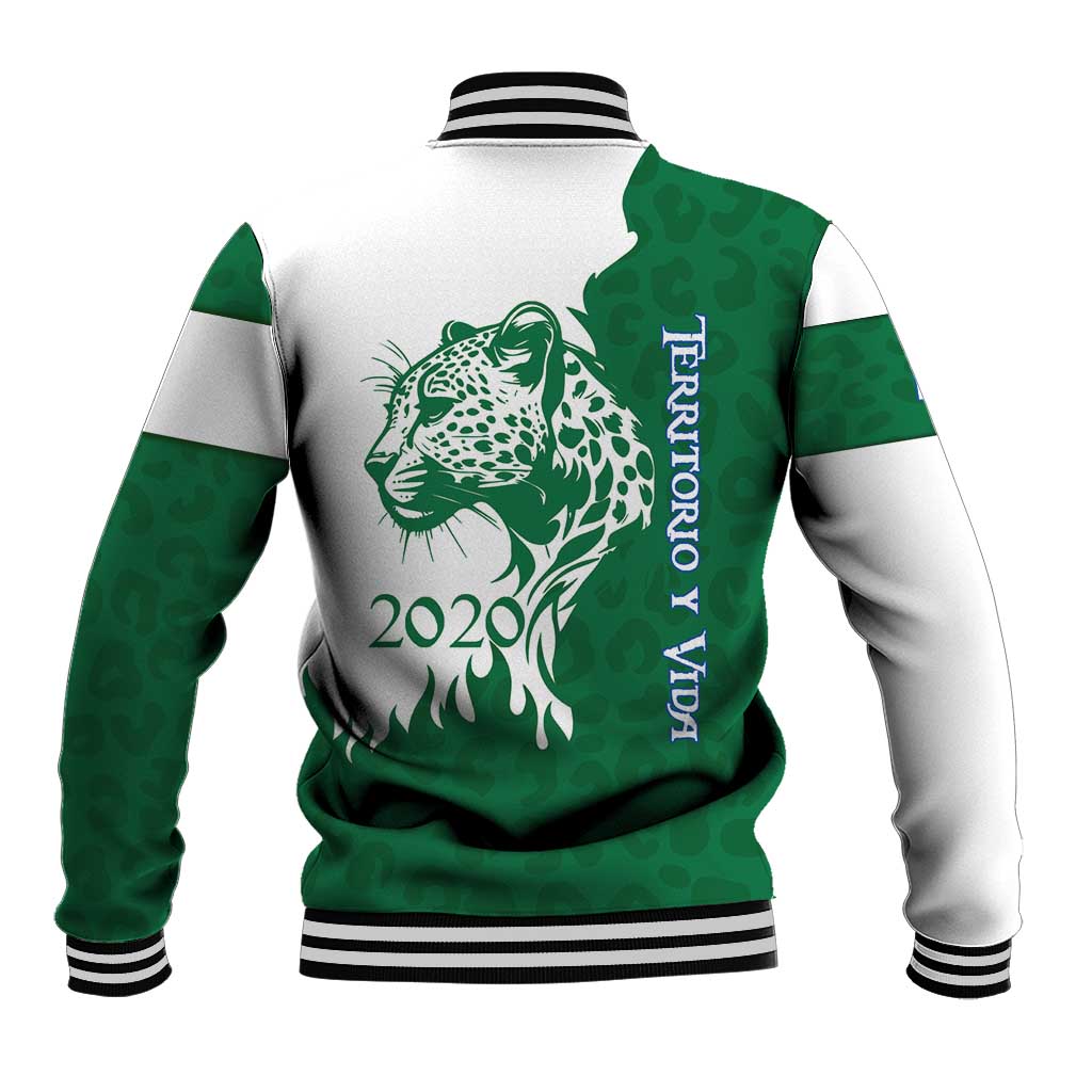 Indigenous Regions of Panama Naso Tjer Di Comarca Baseball Jacket with Jaguar Graphic and Green White Territory and Life 2020 - Wonder Print Shop
