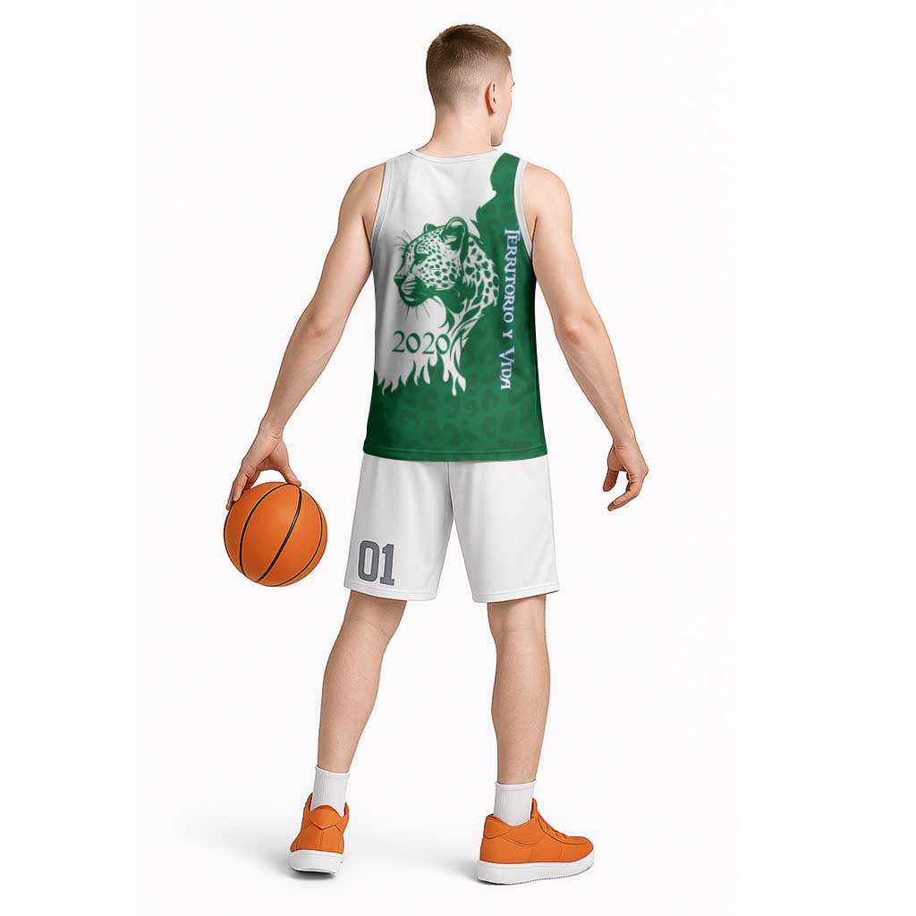 Indigenous Regions of Panama Naso Tjer Di Comarca Basketball Jersey with Jaguar Graphic and Green White Territory and Life 2020 - Wonder Print Shop