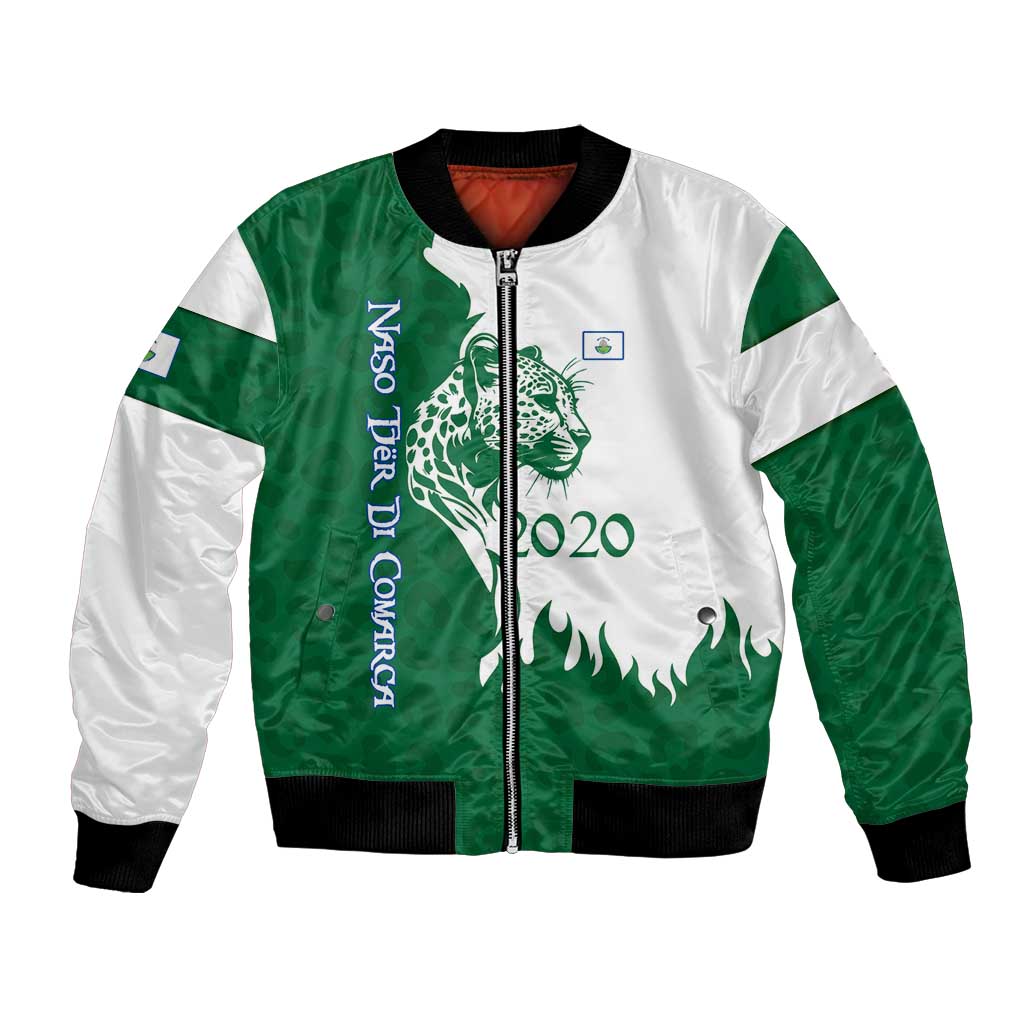 Indigenous Regions of Panama Naso Tjer Di Comarca Bomber Jacket with Jaguar Graphic and Green White Territory and Life 2020 - Wonder Print Shop