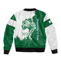 Indigenous Regions of Panama Naso Tjer Di Comarca Bomber Jacket with Jaguar Graphic and Green White Territory and Life 2020 - Wonder Print Shop