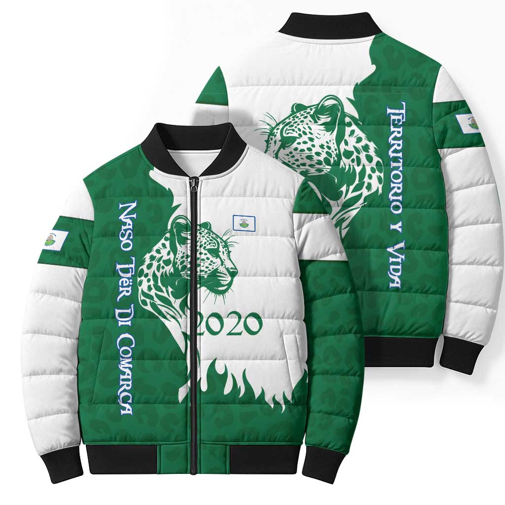 Indigenous Regions of Panama Naso Tjer Di Comarca Bomber Puffer Jacket with Jaguar Graphic and Green White Territory and Life 2020 - Wonder Print Shop