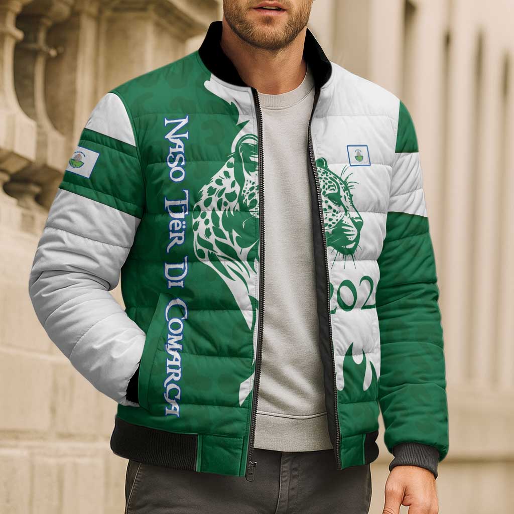 Indigenous Regions of Panama Naso Tjer Di Comarca Bomber Puffer Jacket with Jaguar Graphic and Green White Territory and Life 2020 - Wonder Print Shop
