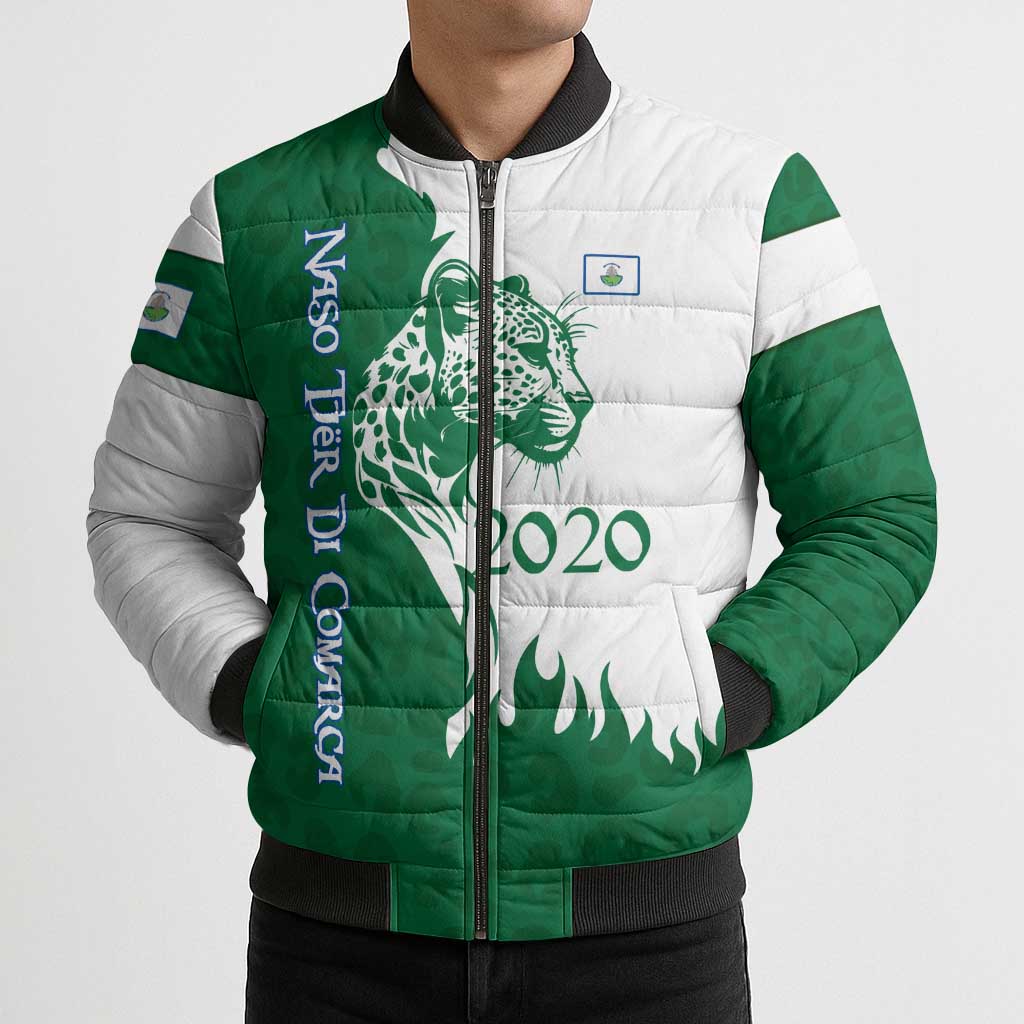Indigenous Regions of Panama Naso Tjer Di Comarca Bomber Puffer Jacket with Jaguar Graphic and Green White Territory and Life 2020 - Wonder Print Shop