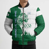 Indigenous Regions of Panama Naso Tjer Di Comarca Bomber Puffer Jacket with Jaguar Graphic and Green White Territory and Life 2020 - Wonder Print Shop