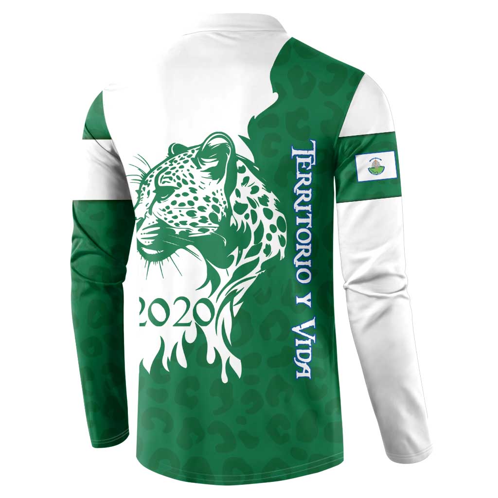 Indigenous Regions of Panama Naso Tjer Di Comarca Button Sweatshirt with Jaguar Graphic and Green White Territory and Life 2020 - Wonder Print Shop