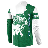 Indigenous Regions of Panama Naso Tjer Di Comarca Button Sweatshirt with Jaguar Graphic and Green White Territory and Life 2020 - Wonder Print Shop