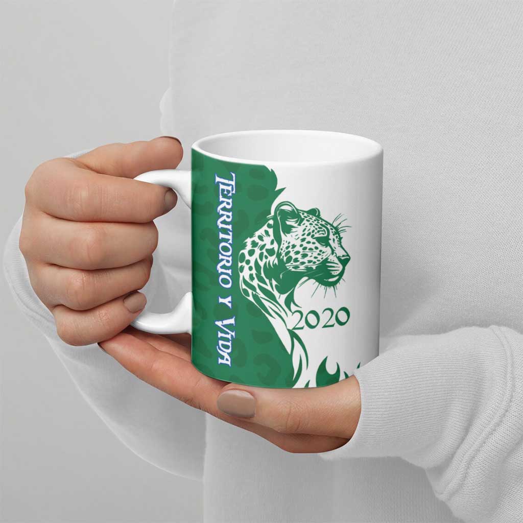 Indigenous Regions of Panama Naso Tjer Di Comarca Ceramic Mug with Jaguar Graphic and Green White Territory and Life 2020 - Wonder Print Shop
