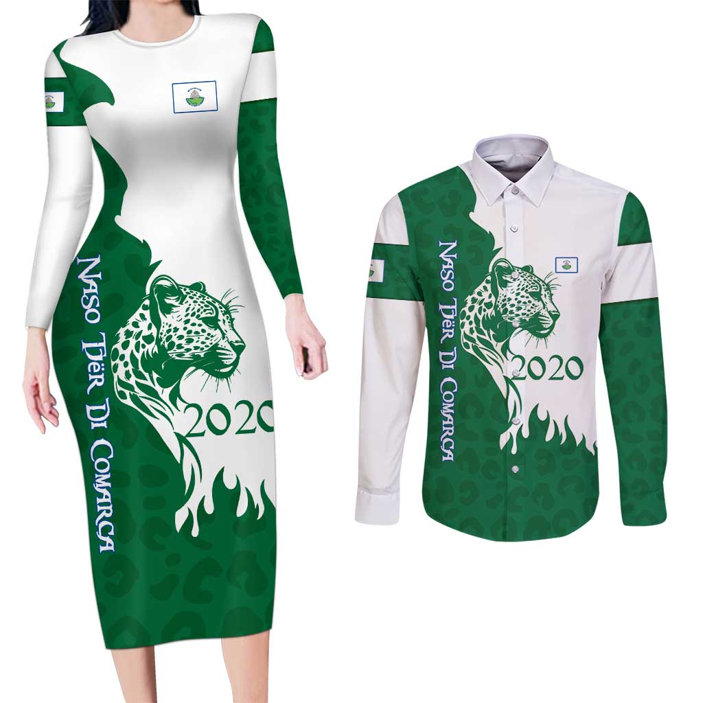 Indigenous Regions of Panama Naso Tjer Di Comarca Couples Matching Long Sleeve Bodycon Dress and Long Sleeve Button Shirt with Jaguar Graphic and Green White Territory and Life 2020 - Wonder Print Shop