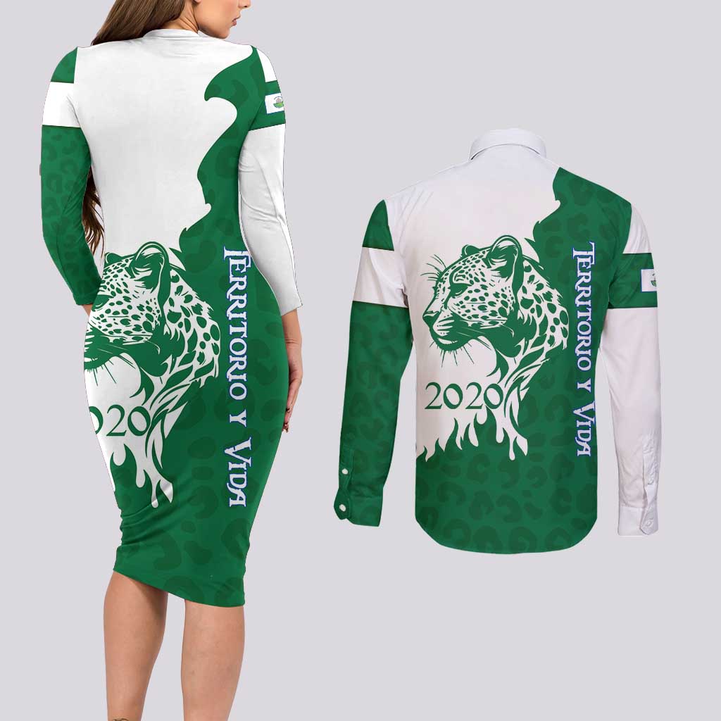 Indigenous Regions of Panama Naso Tjer Di Comarca Couples Matching Long Sleeve Bodycon Dress and Long Sleeve Button Shirt with Jaguar Graphic and Green White Territory and Life 2020 - Wonder Print Shop