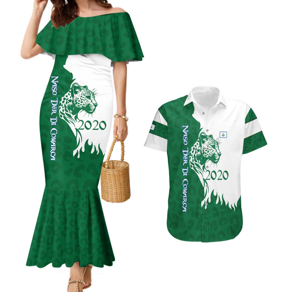 Indigenous Regions of Panama Naso Tjer Di Comarca Couples Matching Mermaid Dress and Hawaiian Shirt with Jaguar Graphic and Green White Territory and Life 2020 - Wonder Print Shop