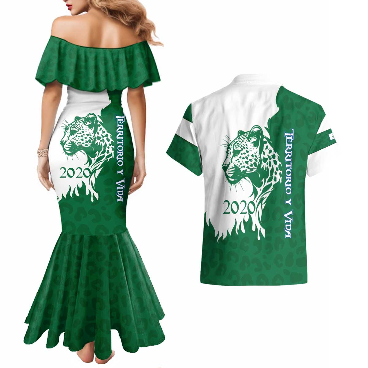 Indigenous Regions of Panama Naso Tjer Di Comarca Couples Matching Mermaid Dress and Hawaiian Shirt with Jaguar Graphic and Green White Territory and Life 2020 - Wonder Print Shop