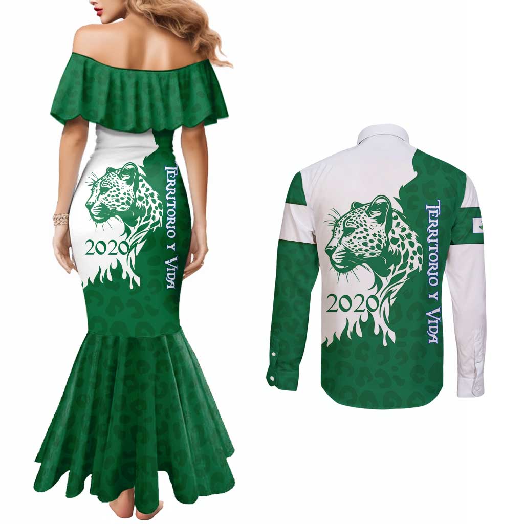 Indigenous Regions of Panama Naso Tjer Di Comarca Couples Matching Mermaid Dress and Long Sleeve Button Shirt with Jaguar Graphic and Green White Territory and Life 2020 - Wonder Print Shop