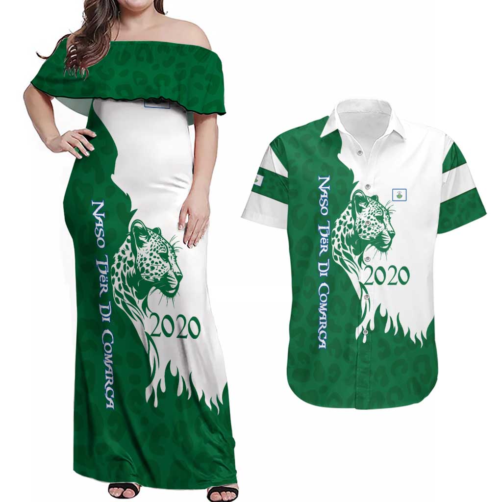Indigenous Regions of Panama Naso Tjer Di Comarca Couples Matching Off Shoulder Maxi Dress and Hawaiian Shirt with Jaguar Graphic and Green White Territory and Life 2020 - Wonder Print Shop