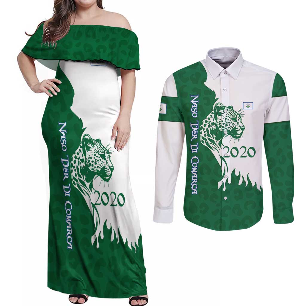 Indigenous Regions of Panama Naso Tjer Di Comarca Couples Matching Off Shoulder Maxi Dress and Long Sleeve Button Shirt with Jaguar Graphic and Green White Territory and Life 2020 - Wonder Print Shop