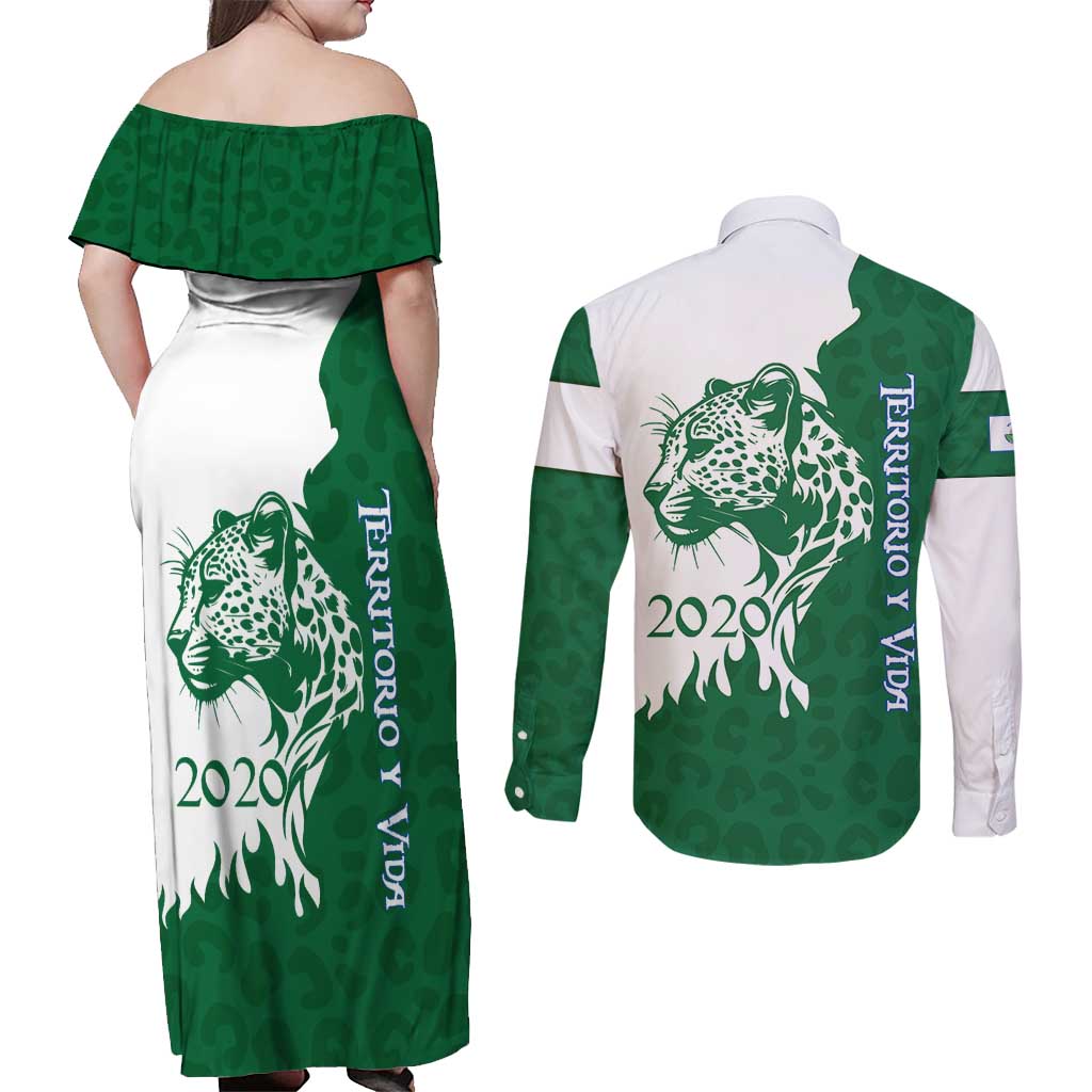 Indigenous Regions of Panama Naso Tjer Di Comarca Couples Matching Off Shoulder Maxi Dress and Long Sleeve Button Shirt with Jaguar Graphic and Green White Territory and Life 2020 - Wonder Print Shop