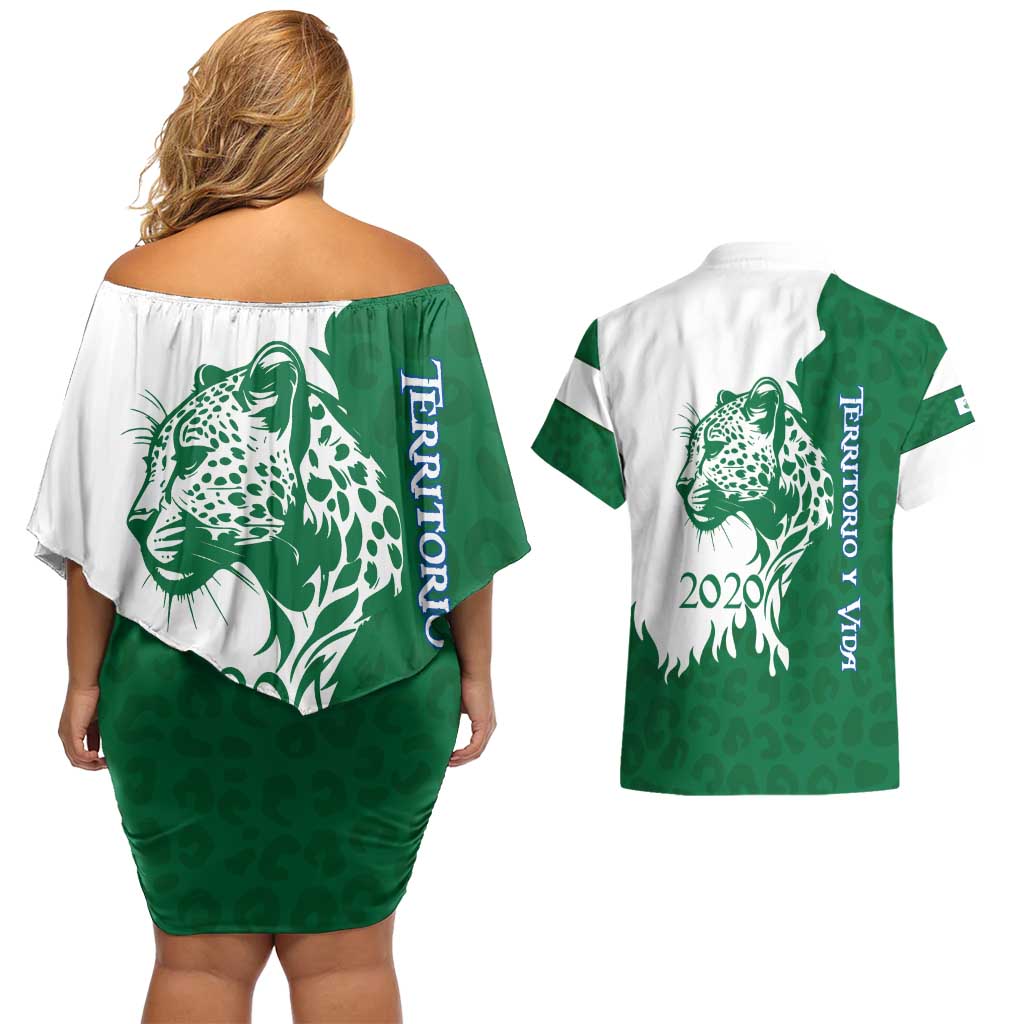 Indigenous Regions of Panama Naso Tjer Di Comarca Couples Matching Off Shoulder Short Dress and Hawaiian Shirt with Jaguar Graphic and Green White Territory and Life 2020 - Wonder Print Shop