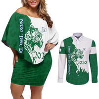 Indigenous Regions of Panama Naso Tjer Di Comarca Couples Matching Off Shoulder Short Dress and Long Sleeve Button Shirt with Jaguar Graphic and Green White Territory and Life 2020 - Wonder Print Shop