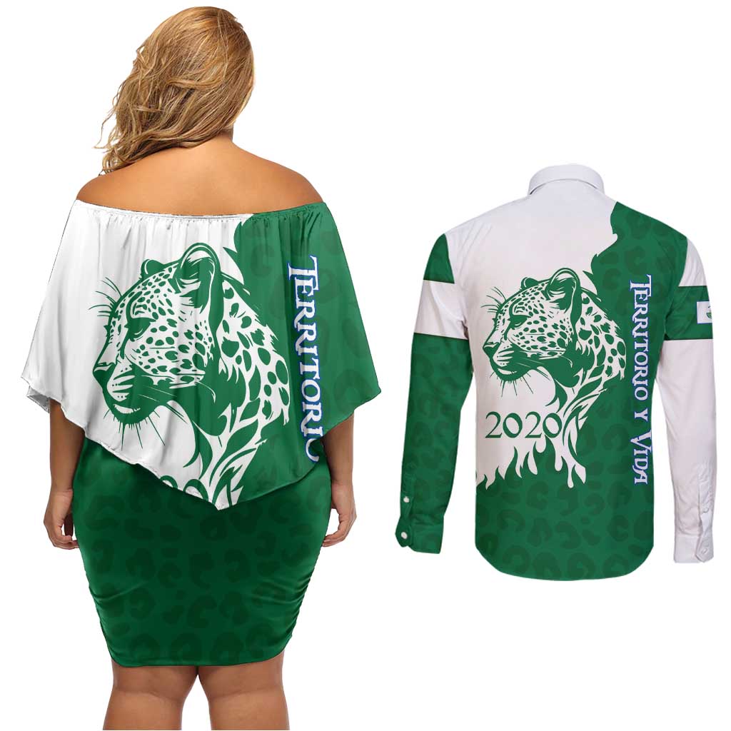 Indigenous Regions of Panama Naso Tjer Di Comarca Couples Matching Off Shoulder Short Dress and Long Sleeve Button Shirt with Jaguar Graphic and Green White Territory and Life 2020 - Wonder Print Shop