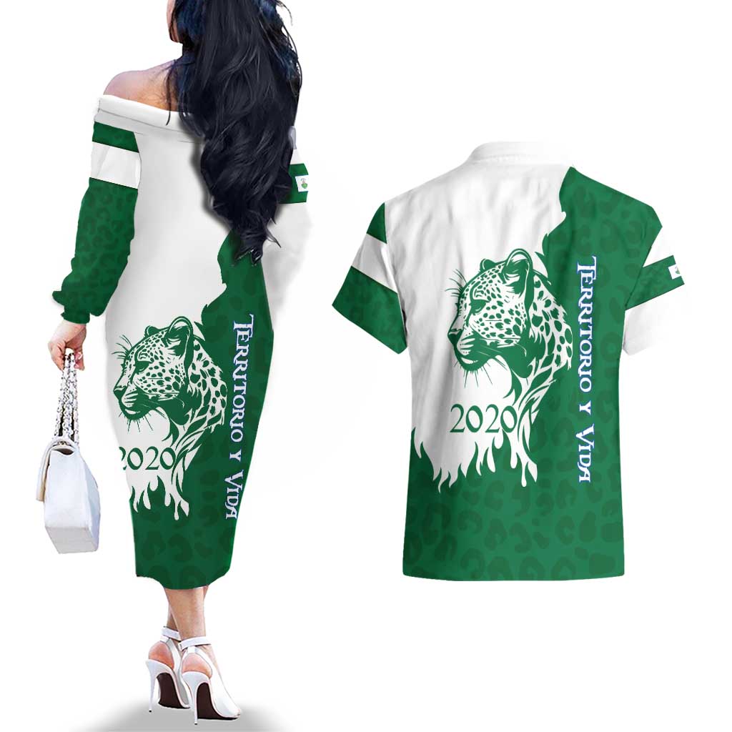 Indigenous Regions of Panama Naso Tjer Di Comarca Couples Matching Off The Shoulder Long Sleeve Dress and Hawaiian Shirt with Jaguar Graphic and Green White Territory and Life 2020 - Wonder Print Shop