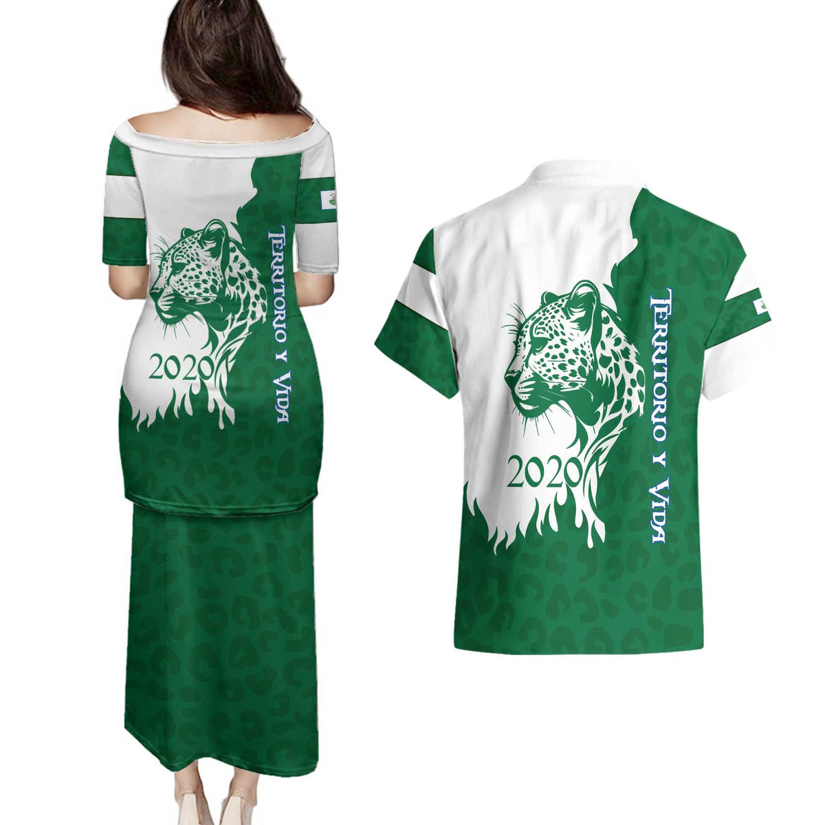 Indigenous Regions of Panama Naso Tjer Di Comarca Couples Matching Puletasi and Hawaiian Shirt with Jaguar Graphic and Green White Territory and Life 2020 - Wonder Print Shop